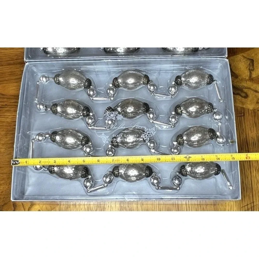 2 Bella Luce Christmas Mercury Glass Garland Silver w/ Ornate End Caps Boxed 12'